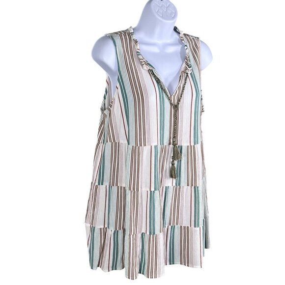 J Jill Womens M Tiered Tunic Top Tassels Sleeveless Striped Ruffled Boho Blouse - Picture 4 of 13